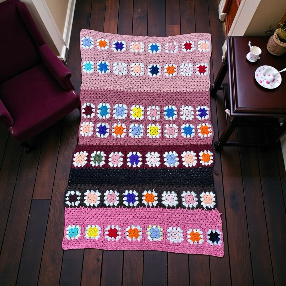 Vintage Afghan Sm Handmade Crocheted Granny Square 1970's Style Lap ThrowBlanket